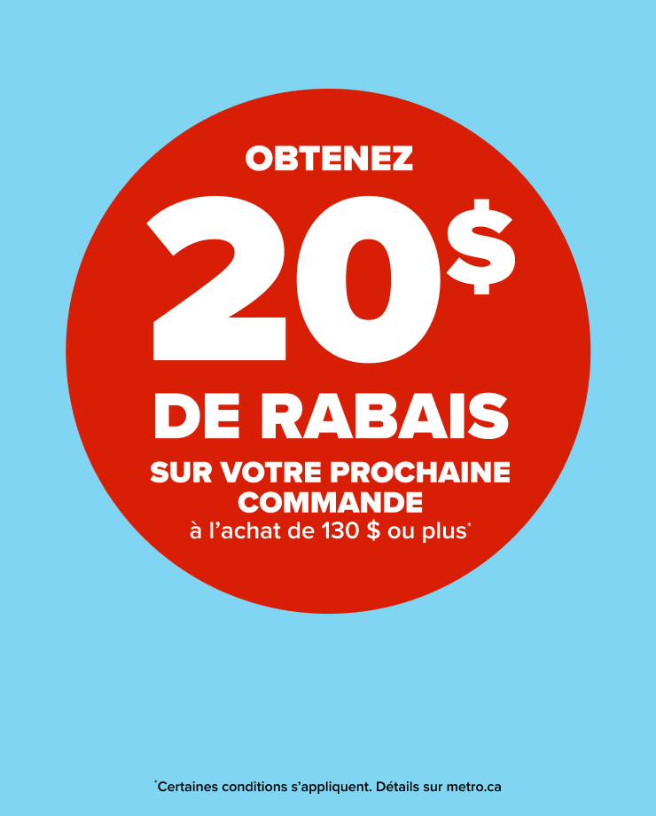 Obtenez 20$ de rabais sur votre prochaine commande à l'achat de 130$ ou plus