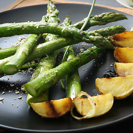 Grilled Asparagus with Aged Cheddar and Marinated Mushroom Salad