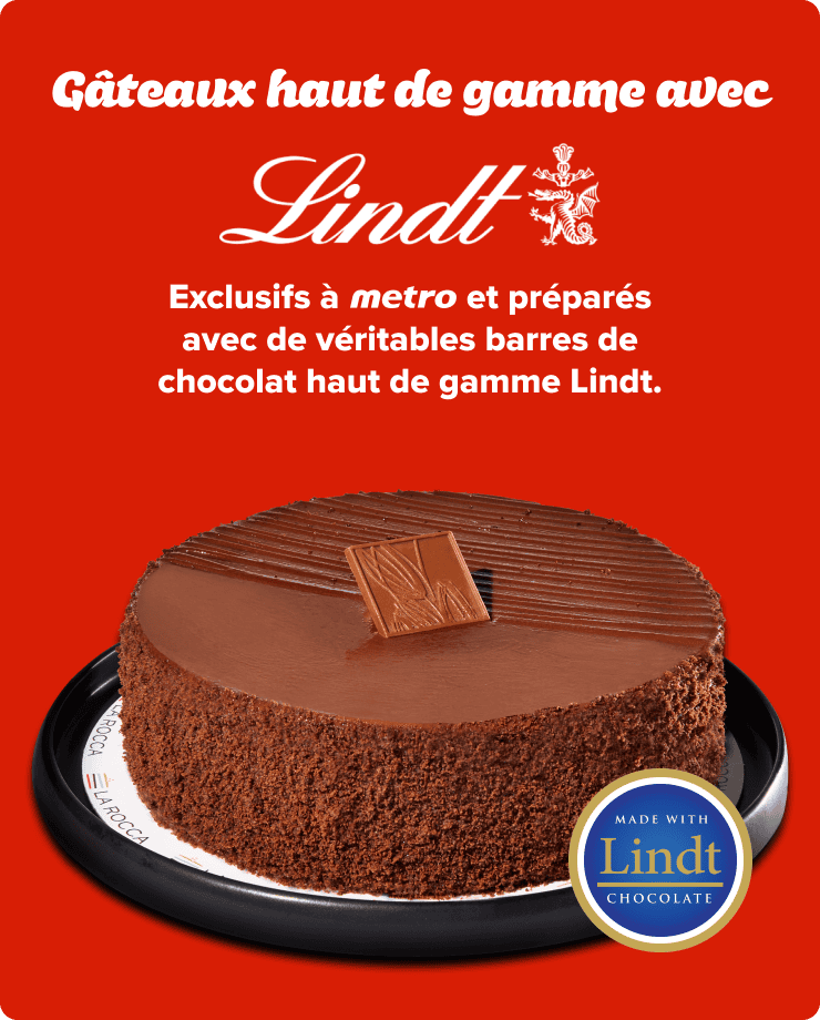 Gâteaux haut de gamme avec Lindt. Exclusifs à Metro et préparés avec de véritables barres de chocolat haut de game Lindt.
