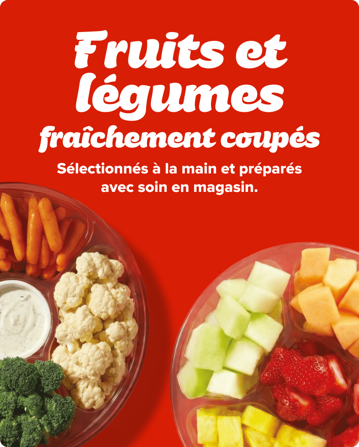 Fruits et légumes fraîchement coupés. Sélectionnés à la main et préparé avec soin en magasin.