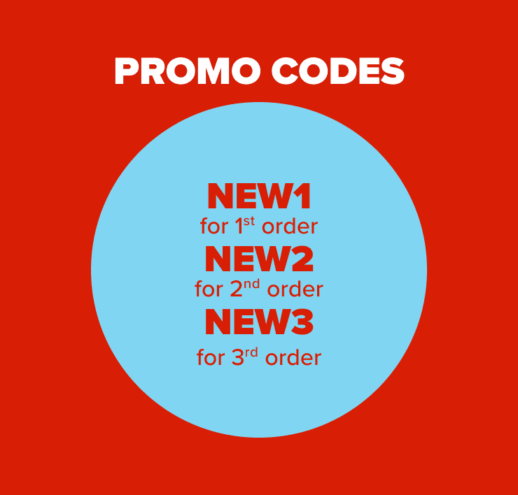 Promo codes - NEW1 for 1st order - NEW2 for 2nd order - NEW3 for 3rd order