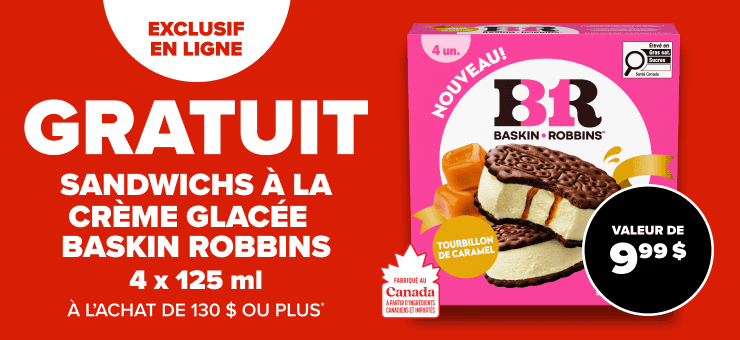 Exclusif en ligne. Sandwichs à la crème glacée au tourbillon de caramel de Baskin Robbins, 4 fois 125 ml, à l'achat de 130 $ ou plus avec le code promo CARAMEL.