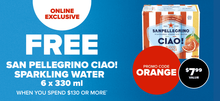 Online Exclusive. San Pellegrino CIAO! Blood Orange Sparkling Water 6 x 330 ml When you Spend $130 or More. Promo Code ORANGE