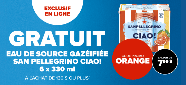 Exclusif en ligne. Eau de source gazéifiée San Pellegrino CIAO! saveur orange sanguine 6 x 330 ml à l'achat de 130$ ou plus. Code promo ORANGE