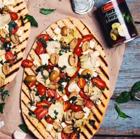 BBQ Pizza with Artichoke Hearts, Olives, and Halloumi Cheese