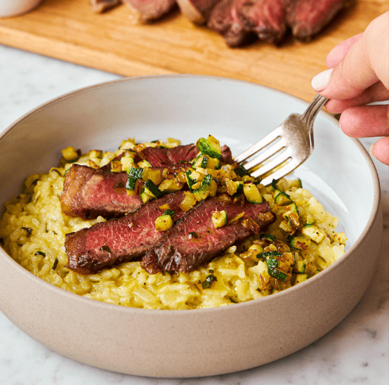 Parmesan Zucchini Risotto with Garlic Salt Strip Loin