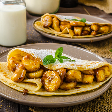 Pistachio Crêpes with Banana Caramel