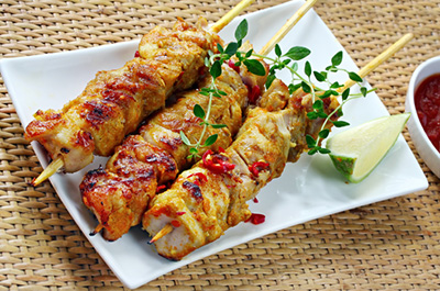 Parmesan Chicken Kebabs with Onion Barbecue Sauce