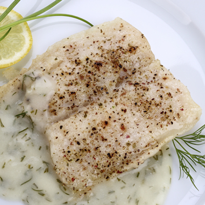 Grilled Haddock Filets, Yoghurt and Black Olive Sauce