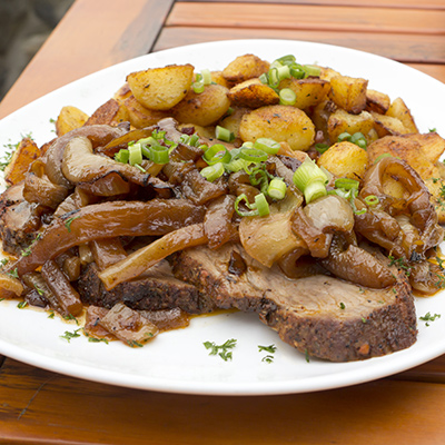 Standing Rib Roast, marinated in beer, rosemary mushroom stew