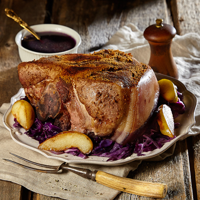 Pork Leg Roast with Spice Bread Crust, Red Cabbage and Pears