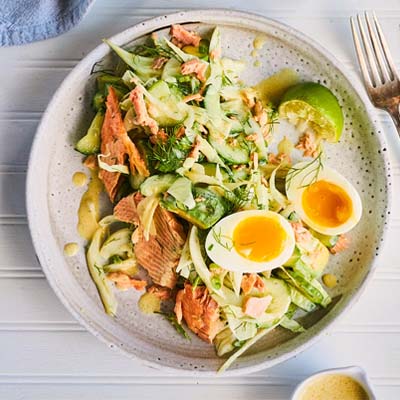 Trout, fennel and cucumber salad with buttermilk and Dijon mustard vinaigrette