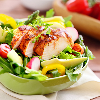 Green Salad with Grilled Chicken, Gouda and Curried Yogurt Dressing