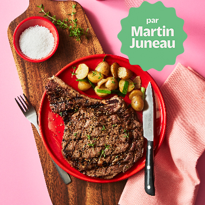 Platinum AAA Angus rib steak brushed with duck fat on the BBQ 
Jacket baby potatoes with duck fat, garlic and thyme
