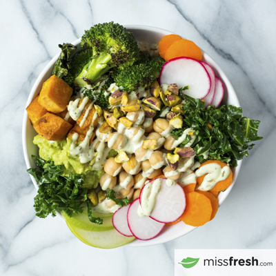 Green Goddess Buddha Bowl with Roasted Vegetables and Creamy Basil Dressing
