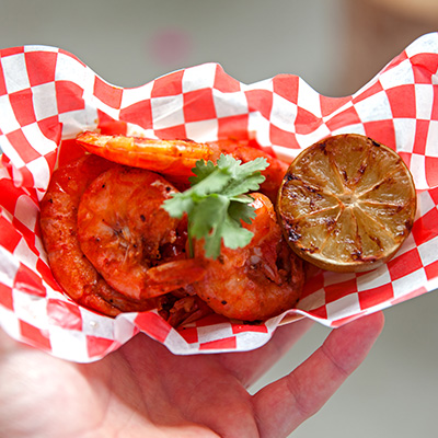 Spicy Shrimp Bowl, with Bread Rolls and Grilled Lime