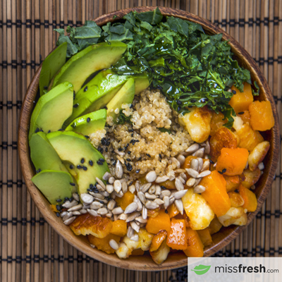 Quinoa Buddha Bowls with Halloumi, Avocado, Kale and Tamari-Lime Vinaigrette