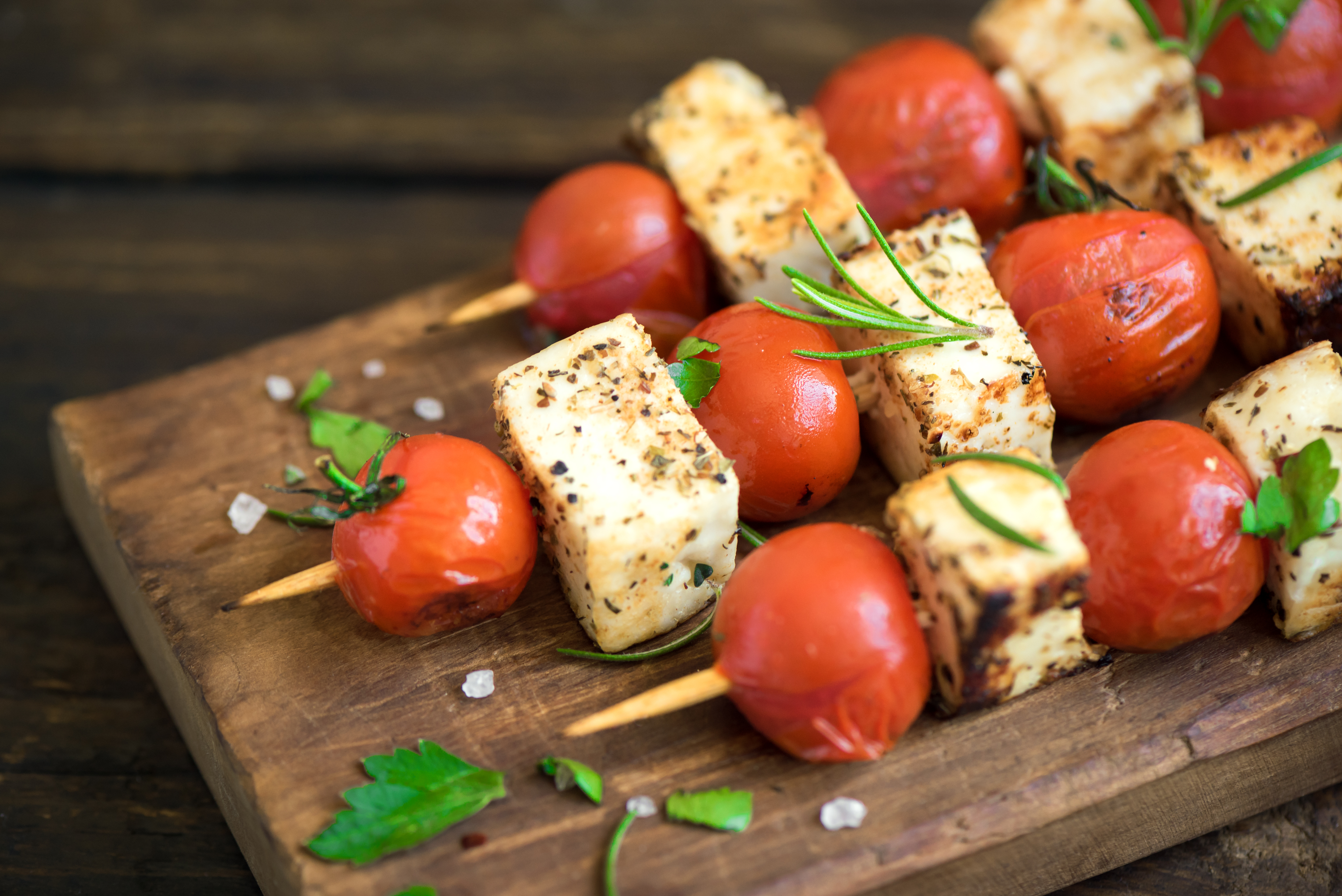 Olive, Tomato and Cheddar Skewers with Basil Oil