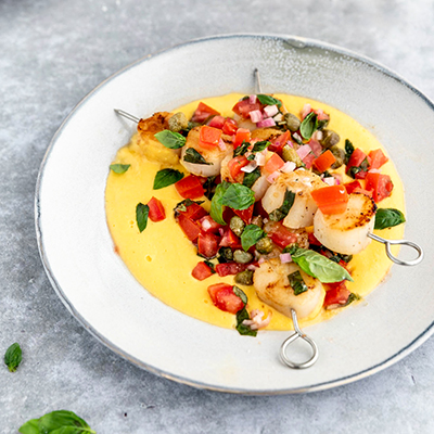 Scallop Skewers with Corn Puree and Tomato Salsa