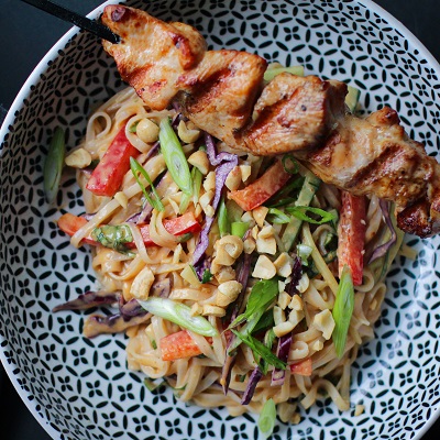 Thai-style turkey fillets skewers on rice vermicelli salad