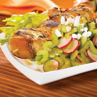 Chicken Brochettes with Salad of celery, radishes and goat feta