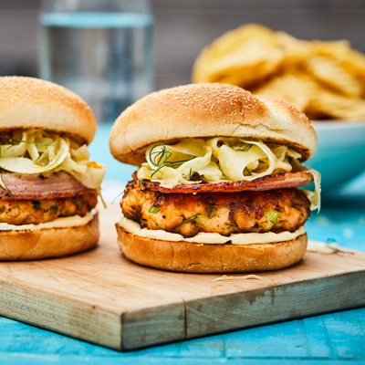 Salmon Burgers with pancetta and orange fennel coleslaw