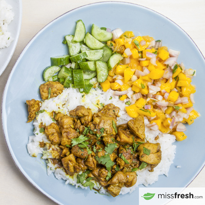 Caribbean Chicken Curry with Coconut Rice and Mango-Orange Salsa