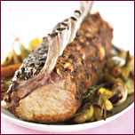 Prune Crusted Rack of Pork with Mushroom Sauce