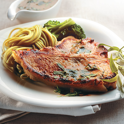 Veal chops with tarragon, honey and whole grain mustard sauce