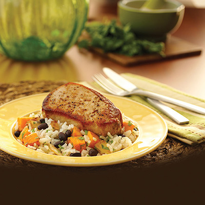 Pork Chops with Sweet Potato & Black Bean Rice