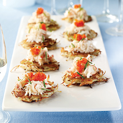 Smoked Salmon-Yukon Gold Potato Latkes with Swordfish Roe-flavoured Crab Salad