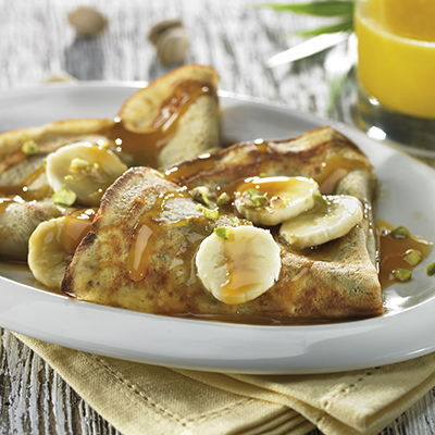 Pistachio Crêpes with Banana Caramel