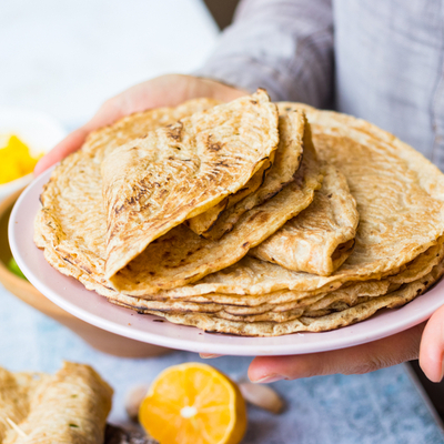 Gluten-free, egg-free crepes with apple cinnamon topping