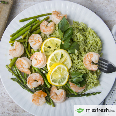 Lemon Butter Shrimp and Asparagus 
with Pesto Rice