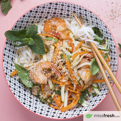 BBQ Marinated Shrimp on Rice Noodle and Green Papaya Salad