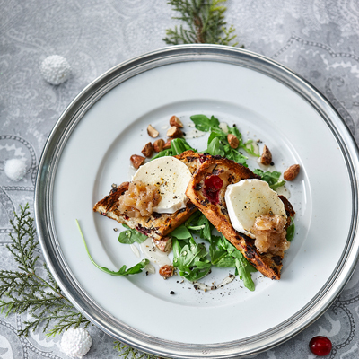 Goat Cheese Crostini on Chocolate Cranberry Loaf