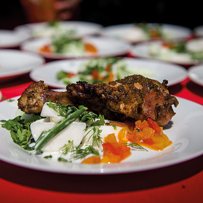Grilled Chicken Thighs, Pepper Relish, Spicy Cucumbers and Japanese Turnips