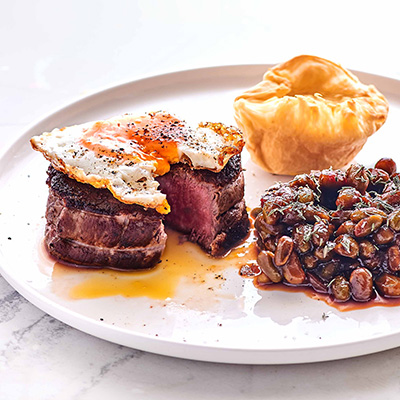 Beef Tenderloin, Fried Egg, Yorkshire Pudding and Baked Beans