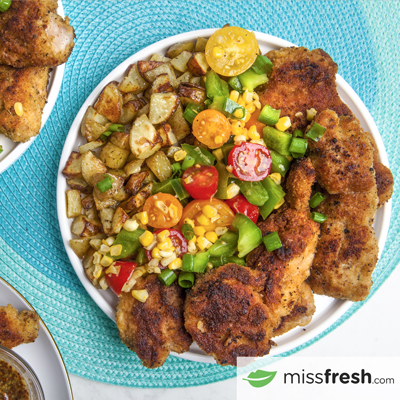Crispy Chicken Fingers with Roasted Potatoes, Summer Salad & Honey Mustard Sauce