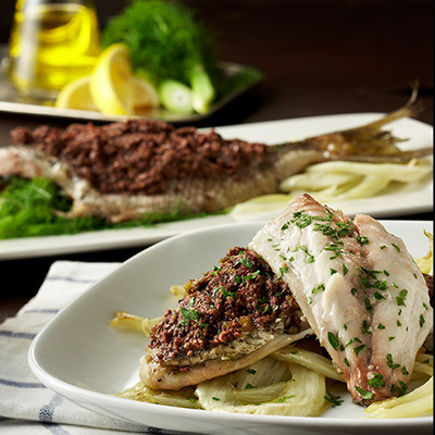 Roasted Sea Bream with Fennel, Tapenade and Garlic Scapes