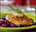 Rosemary turkey scallops with pine nuts, date butter and grape chutney