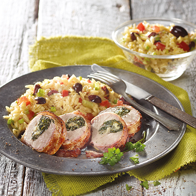 Marinated Pork Tenderloin Stuffed with Spinach & Feta and Lemon Orzo Salad