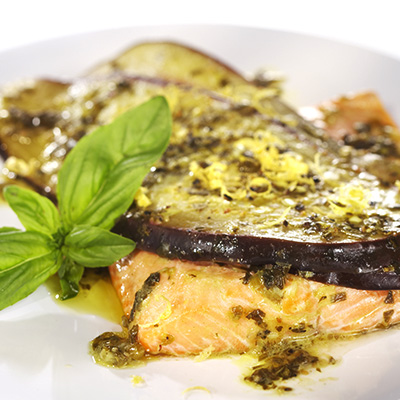Baked Eggplant and Trout Fillets with Basil Sauce