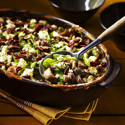 Celery Mushroom Bake with Goat Cheese & Pecans
