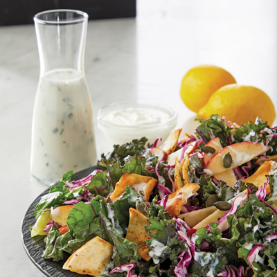 Harvest Kale Salad with Lemon Herb Kefir Dressing