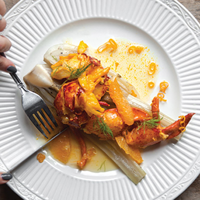 Poached Lobster with Saffron Butter, Braised Fennel and Orange Segments