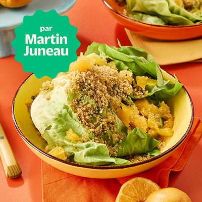 Laitues Boston entières, vinaigrette aux clémentines et aux herbes, quinoa croustillant