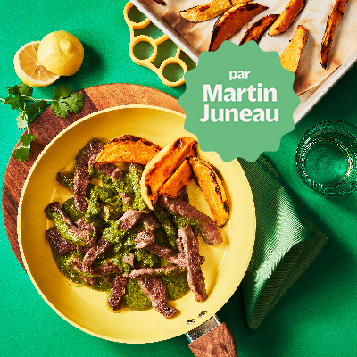 Sautéed beef strips, coriander and caper salsa verde, broiled sweet potatoes