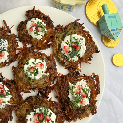 Oven-Fried Herb and Scallion Latkes with Whipped Feta