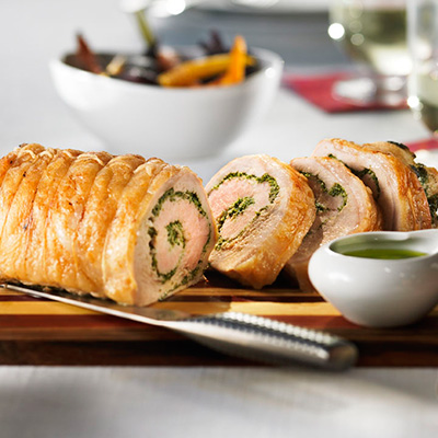 Pork Loin with Coriander Pesto and Roasted Vegetables